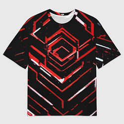 Мужская футболка оверсайз Красные смазанные линии на чёрном фоне