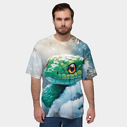 Футболка оверсайз мужская Зеленая змейка на заснеженной ветке, цвет: 3D-принт — фото 2