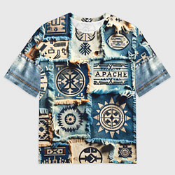 Футболка оверсайз мужская Символы Апачи на пэчворк дениме, цвет: 3D-принт