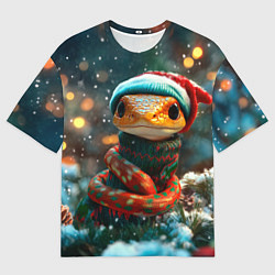 Футболка оверсайз мужская Новогодняя змея у елочки, цвет: 3D-принт