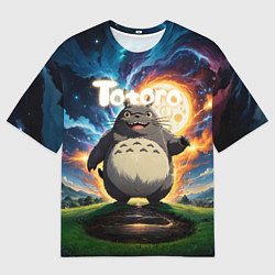 Футболка оверсайз мужская Тоторо на фоне огненной луны, цвет: 3D-принт