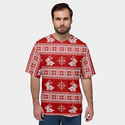 Футболка оверсайз мужская Вязаный зимний узор с зайчатами, цвет: 3D-принт — фото 2