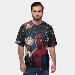 Футболка оверсайз мужская Человек-паук и новогодний салют, цвет: 3D-принт — фото 2