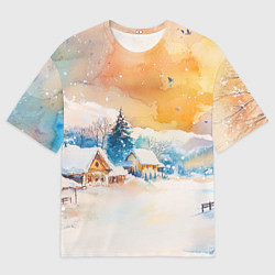 Мужская футболка оверсайз Деревенский новогодний пейзаж