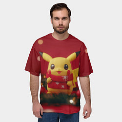 Футболка оверсайз мужская Пикачу новогодний в красном шарфе, цвет: 3D-принт — фото 2