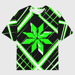 Мужская футболка оверсайз Зелёно-белая звезда и полосы на чёрном фоне