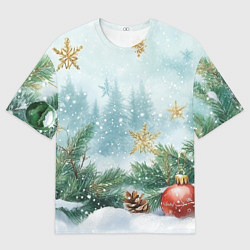 Мужская футболка оверсайз Золотые снежинки - новогодний фон
