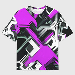 Футболка оверсайз мужская Бело-фиолетовый техно паттерн на чёрном фоне, цвет: 3D-принт