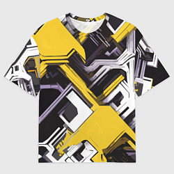 Мужская футболка оверсайз Бело-жёлтый техно паттерн на чёрном фоне