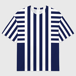 Футболка оверсайз мужская Бело синий комбинированный полосатый узор, цвет: 3D-принт