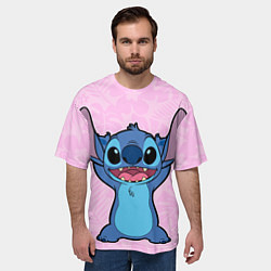 Футболка оверсайз мужская Stitch on a pink background, цвет: 3D-принт — фото 2