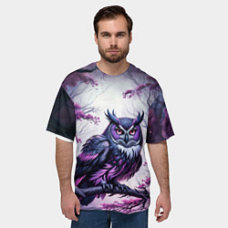 Футболка оверсайз мужская Черно фиолетовая сова сидит на ветке, цвет: 3D-принт — фото 2
