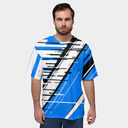 Футболка оверсайз мужская Чёрно-белые глитч полосы на синем фоне, цвет: 3D-принт — фото 2