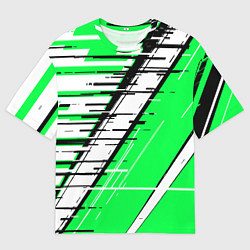 Футболка оверсайз мужская Чёрно-белые глитч полосы на зелёном фоне, цвет: 3D-принт