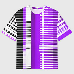 Футболка оверсайз мужская Белые полосы на чёрно-фиолетовом фоне, цвет: 3D-принт
