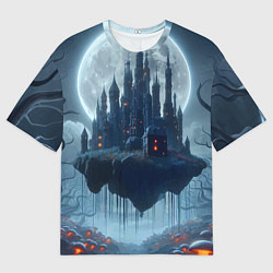 Мужская футболка оверсайз Замок Дракулы и неоновые грибы - нейроарт фантазия
