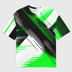 Футболка оверсайз мужская Диагональные зелёно-чёрные линии на белом фоне, цвет: 3D-принт