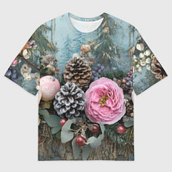Мужская футболка оверсайз Новогодние цветы и шишки