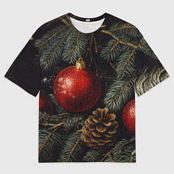 Мужская футболка оверсайз Красные новогодние шары с шишкой