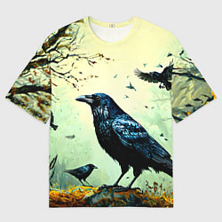 Футболка оверсайз мужская Черный ворон в осеннем лесу, цвет: 3D-принт