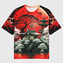 Футболка оверсайз мужская Пейзаж Японии в красном цвете, цвет: 3D-принт