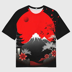 Футболка оверсайз мужская Японская гора и красная луна, цвет: 3D-принт