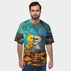 Футболка оверсайз мужская Милые ежик с цыпленком в осеннем лесу, цвет: 3D-принт — фото 2