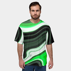 Футболка оверсайз мужская Волнистые горизонтальные чёрно-зелёные полосы на б, цвет: 3D-принт — фото 2
