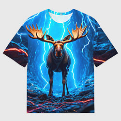 Футболка оверсайз мужская Лось и молния, цвет: 3D-принт
