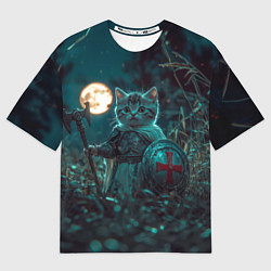 Мужская футболка оверсайз Котенок рыцарь с щитом