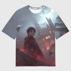 Футболка оверсайз мужская Гарри Поттер горящий замок, цвет: 3D-принт