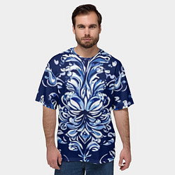Футболка оверсайз мужская Гжель русский орнамент королевский синий, цвет: 3D-принт — фото 2