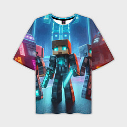 Футболка оверсайз мужская Minecraft - ai art neon glow, цвет: 3D-принт