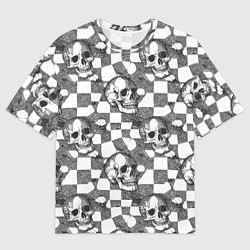Мужская футболка оверсайз Черепа и клетчатый фон с дырами