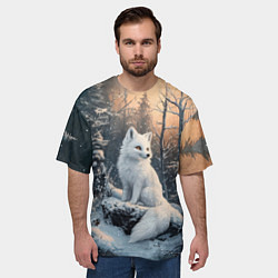 Футболка оверсайз мужская Белый лисенок в зимнем лесу, цвет: 3D-принт — фото 2