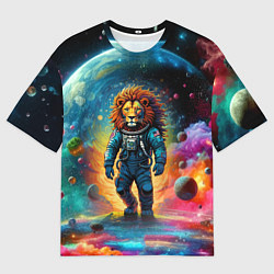 Футболка оверсайз мужская Лев бравый космонавт - неоновый космос, цвет: 3D-принт