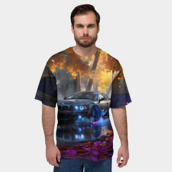 Футболка оверсайз мужская BMW синие неоновые фары, цвет: 3D-принт — фото 2