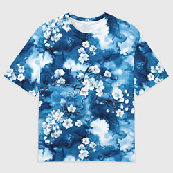 Футболка оверсайз мужская Цветы белой сакуры - паттерн на синем фоне, цвет: 3D-принт
