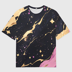 Мужская футболка оверсайз Золотые и розовые мазки на черной текстуре