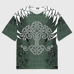 Мужская футболка оверсайз Древние руны и древо жизни с крыльями
