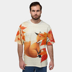 Футболка оверсайз мужская Лиса под осенними листьями, цвет: 3D-принт — фото 2