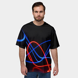 Футболка оверсайз мужская Красно синие неоновые линии на черном фоне, цвет: 3D-принт — фото 2