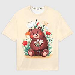 Футболка оверсайз мужская Мишаня с букетом, цвет: 3D-принт