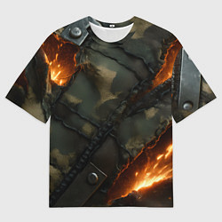 Мужская футболка оверсайз Разорванный камуфляж с огнем