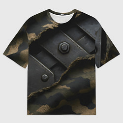 Мужская футболка оверсайз Порванная камуфляжная ткань с металлом