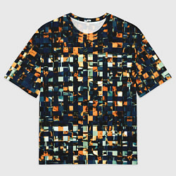 Мужская футболка оверсайз Тёмный синий с оранжевым кубики абстракция