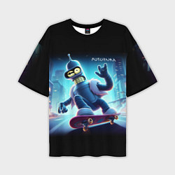 Мужская футболка оверсайз Bender is a skateboarder in neon street - ai art