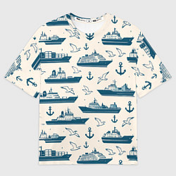 Мужская футболка оверсайз Морской паттерн из чаек, якорей и кораблей