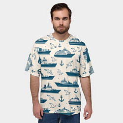 Футболка оверсайз мужская Морской паттерн из чаек, якорей и кораблей, цвет: 3D-принт — фото 2