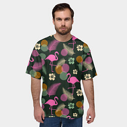 Футболка оверсайз мужская Фламинго и листья на темно-зеленом, цвет: 3D-принт — фото 2